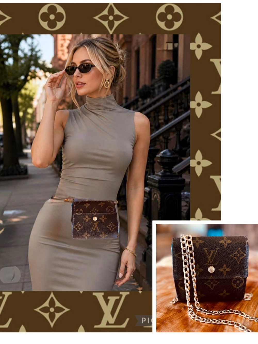 Louis Vuitton, Elise monogram, brown compact wallet and unbranded 47 inch chain